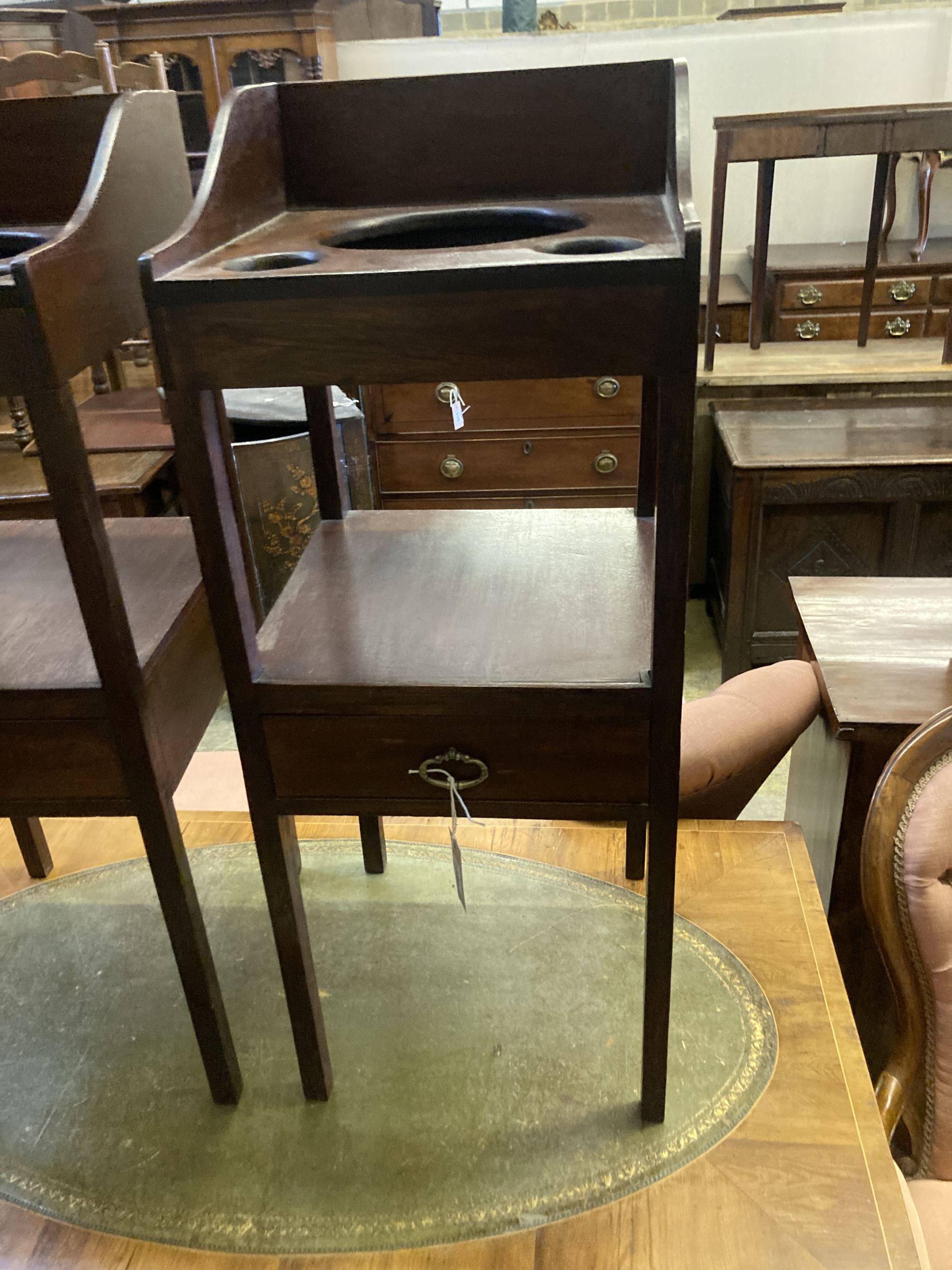 A pair of George III style bedside mahogany night tables, width 36cm, depth 36cm, height 93cm